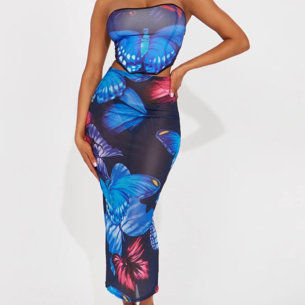 FashionNova mesh Mariposa Babe Skirt Set - Blue